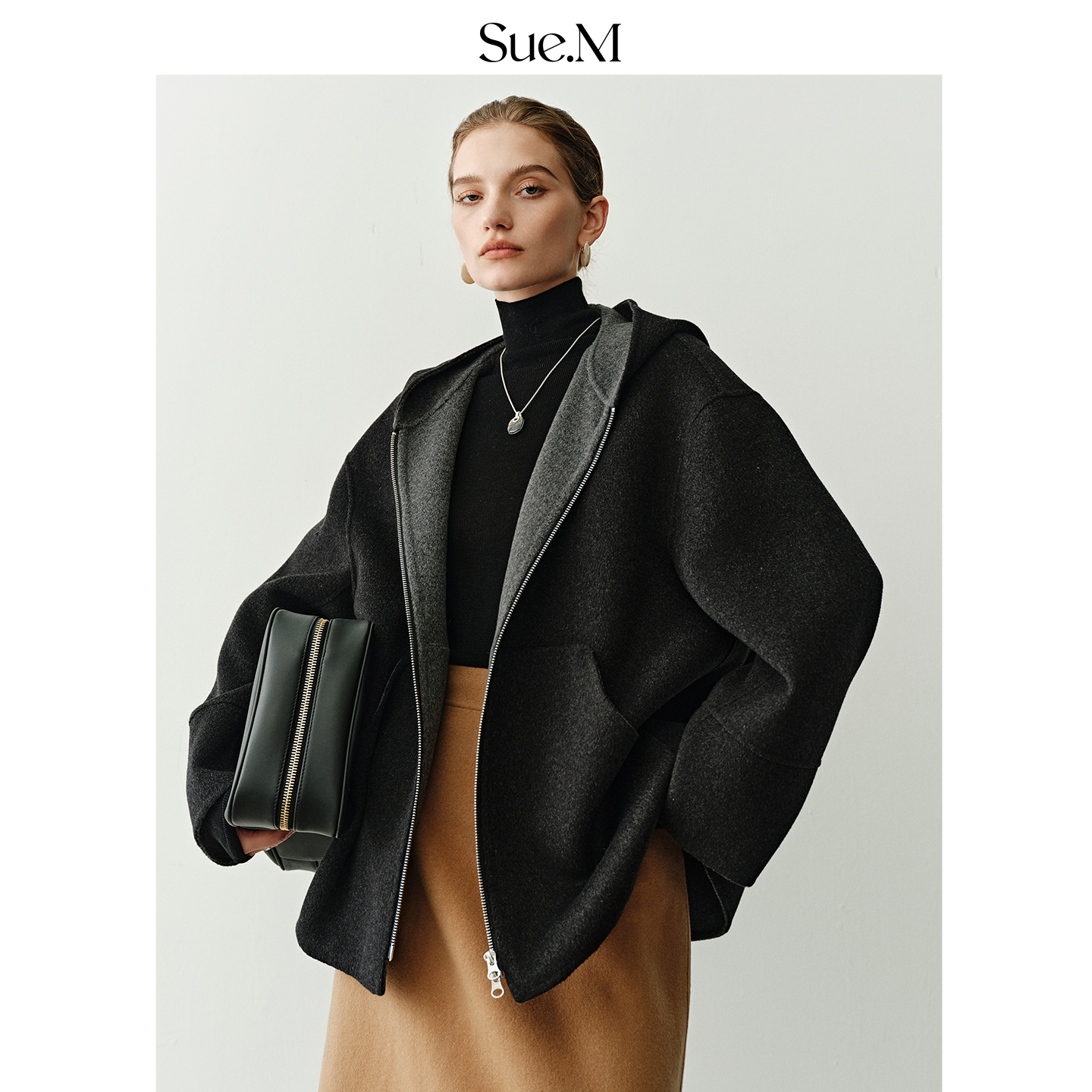Sue.M MAX同款连帽款拉链毛呢外套25秋冬羊绒羊毛短款落肩外套女