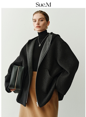 Sue.M MAX同款连帽款拉链毛呢外套25秋冬羊绒羊毛短款落肩外套女
