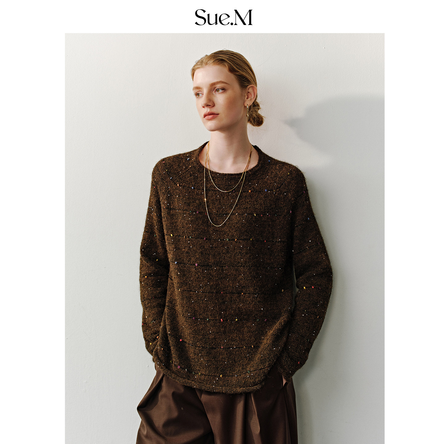 Sue.M 彩虹豆豆插肩卷边毛衣女25秋冬内搭松弛感亮片重工圆领毛衣