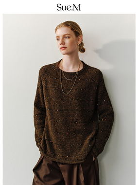 Sue.M 彩虹豆豆插肩卷边毛衣女25秋冬内搭松弛感亮片重工圆领毛衣