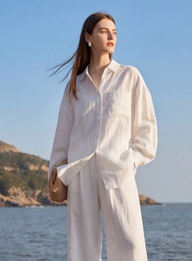 Sue.M 度假老钱风松弛感亚麻衬衫26夏季新款松弛感白色防晒衬衣女