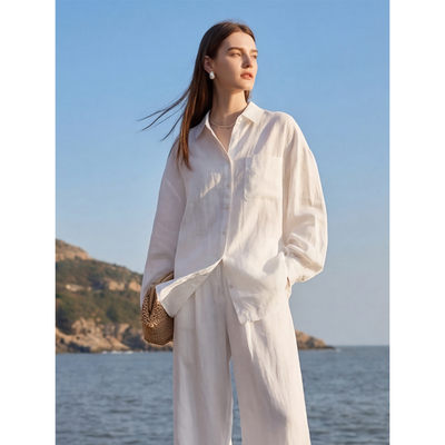 Sue.M 度假老钱风松弛感亚麻衬衫26夏季新款松弛感白色防晒衬衣女