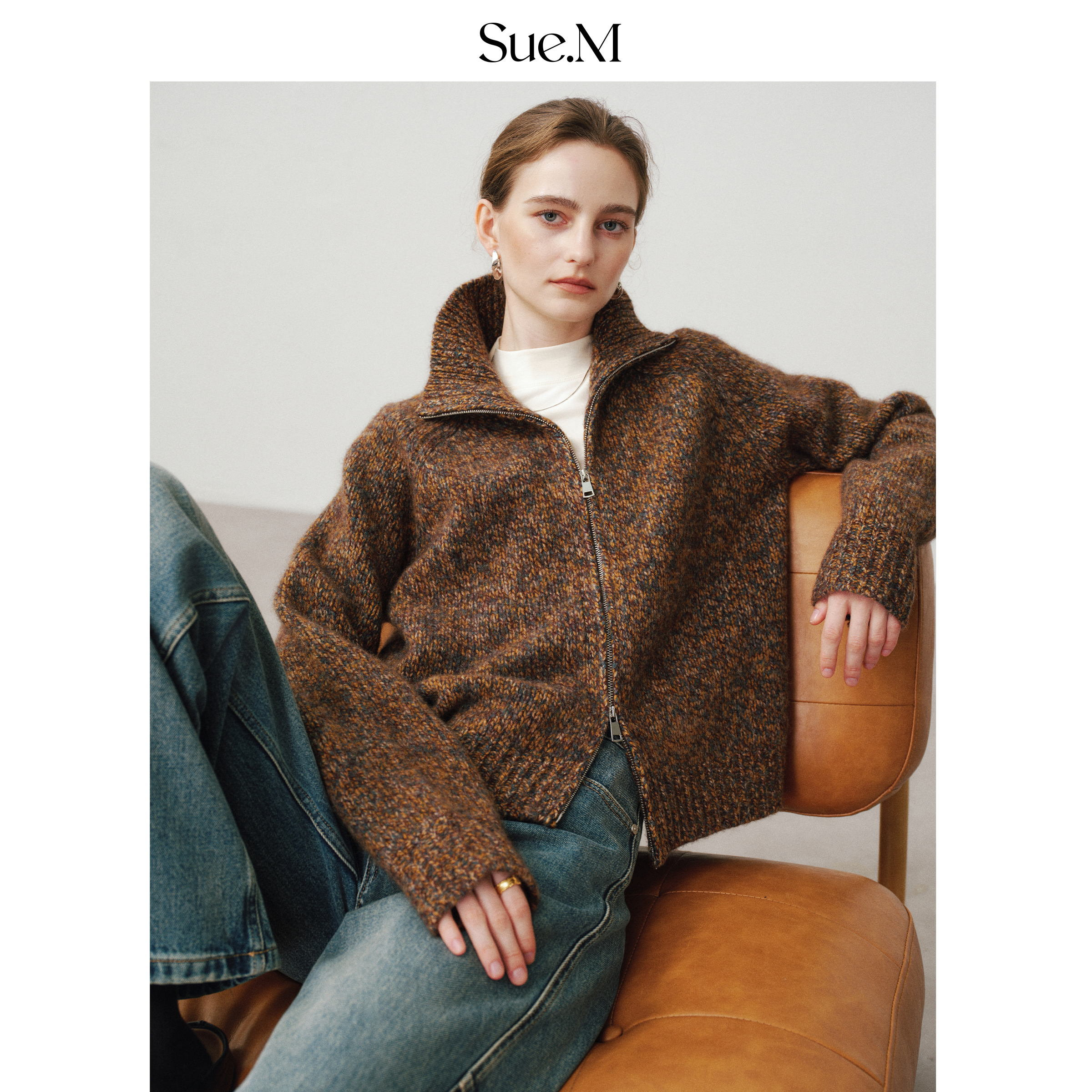 Sue.M ‘LP经典’复古花纱美拉德羊毛拉链开衫25冬咖啡色毛衣女士