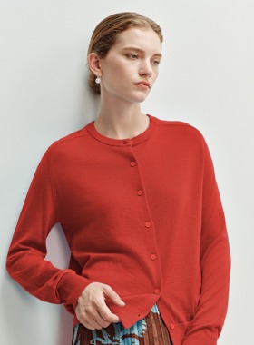 Sue.M可机洗圆领红色新年羊毛开衫毛衣26春biella扬子纱针织衫女