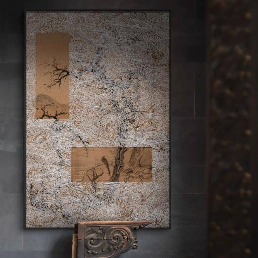 新中式风景浮雕肌理挂画客厅茶室玄关走廊壁画山水松树高档装饰画图片