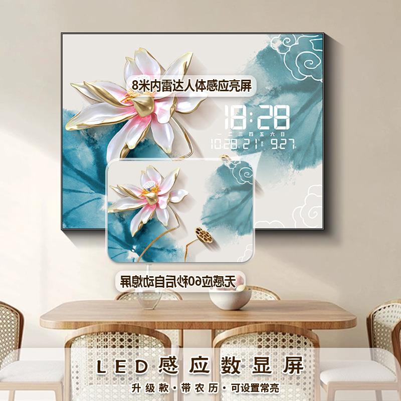 新中式电表箱装饰画创意数显时钟带农历荷花餐厅配电箱遮挡画挂钟图片