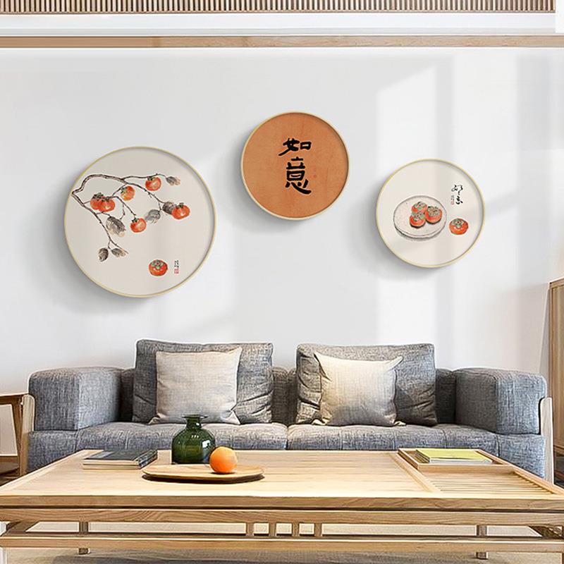 柿灯笼新中式禅意客厅装饰画日式圆形框挂画橙色柿子餐厅壁画图片