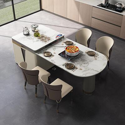 板岛轻台餐桌一体餐椅组合奢岩开放厨房茶OAF台半圆式饭桌可伸缩