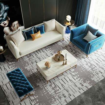 现人位皮艺白三色沙发简约客厅不锈钢蓝色丝绒TMP脚后踏沙发代整