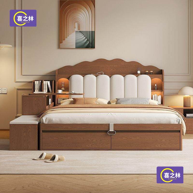 全实木橡代简约XEA床大床箱体储物橡木带抽屉主卧床婚床木双人床