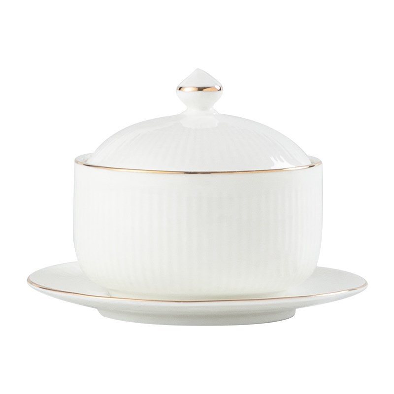 陶瓷炖盅家用白色带盖隔水炖罐燕窝蒸蛋碗位上小汤盅金边中式酒店