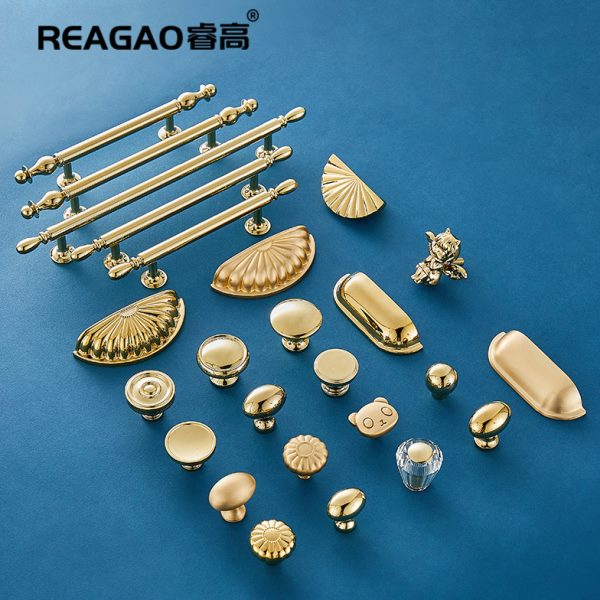 睿高纯铜柜门拉手金色法式轻奢衣柜门把手抽屉小拉手黄铜中古风