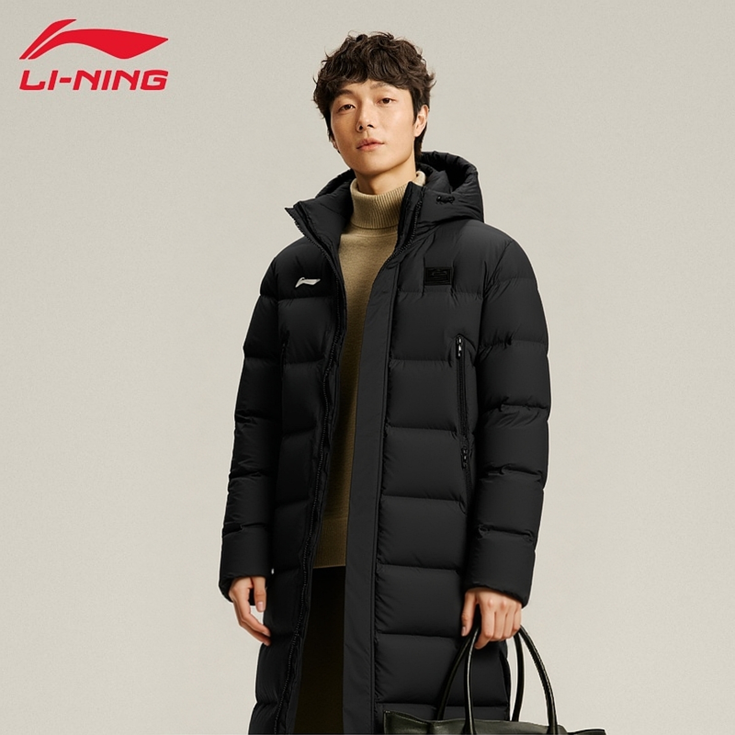 李宁长款羽绒服男士冬季新款羽毛球鸭绒连帽保暖防风外套AYMV137