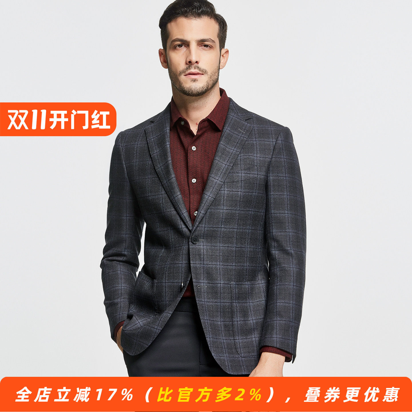 【100%羊毛】秋冬厚款港风便西服休闲男士单西装格纹外套牛角扣
