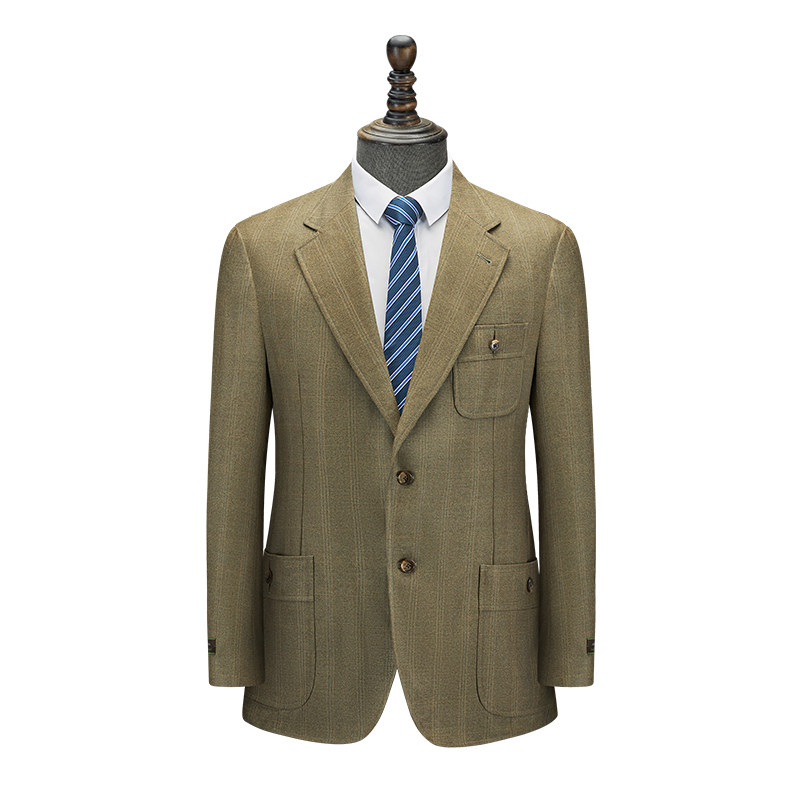 【堡家】毛料时尚格子便西装男士商务休闲羊毛半里单西服外套上衣