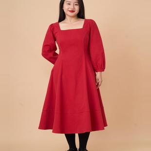 34三思大码女装收腰方领灯笼袖连衣裙节日圣诞新年搭配FW2433全码