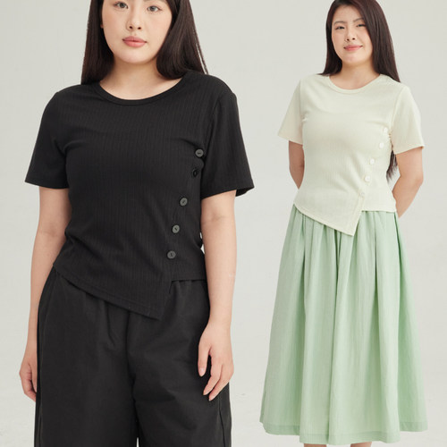 34三思大码女装 夏日 不规则斜纽扣 针织短袖圆领上衣 SS2517全码