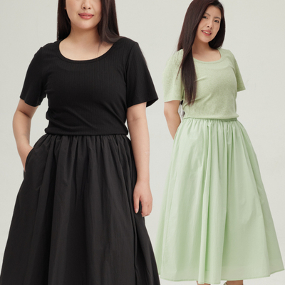 34三思大圆领短袖松紧腰连衣裙