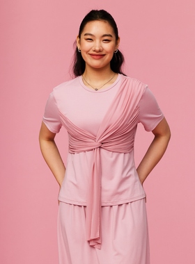 34三思大码女装 兰精莫代尔拼网布修身网纱扭结层次T恤SS2419全码