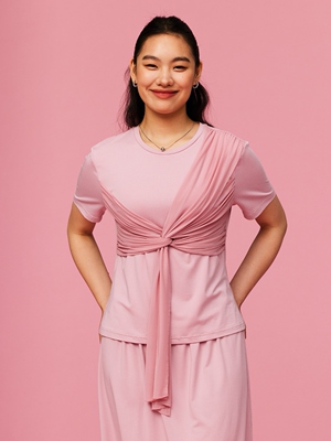 34三思大码女装 兰精莫代尔拼网布修身网纱扭结层次T恤SS2419全码