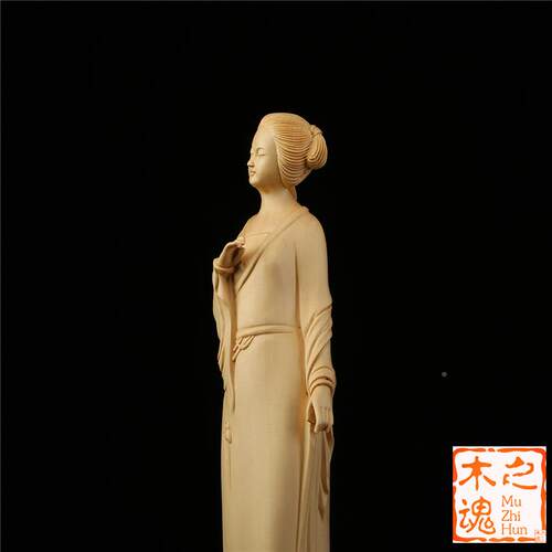 现代桧木雕艺刻窈女中式家窕居客厅摆件装饰品江南美女ABG人物工