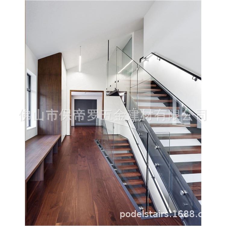 02485室外家用钢木楼梯现璃简约代风双梁钢板玻护栏扶手