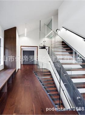02485室外家用钢木楼梯现璃简约代风双梁钢板玻护栏扶手