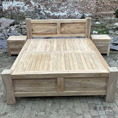 老榆木双人床婚排子床全榆木大料73387床坯床麦太白保