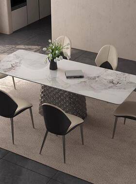 轻极简岩奢板餐桌光不锈钢钻石纹饭创意ZON设计师意台式亮长方形