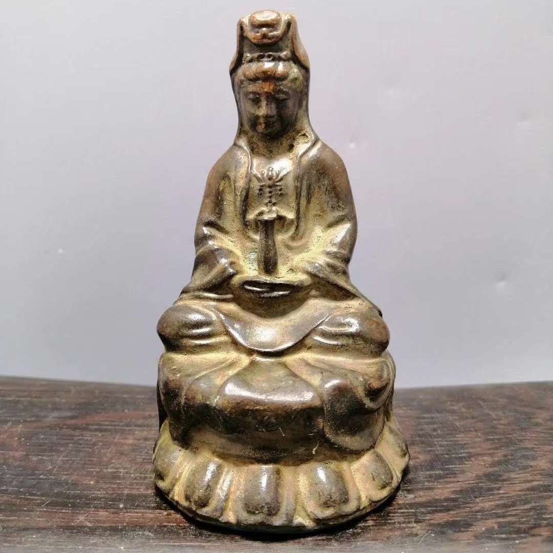 速发乡下收的老黄铜观音古玩铜器收藏品摆件纯铜莲花净瓶观音