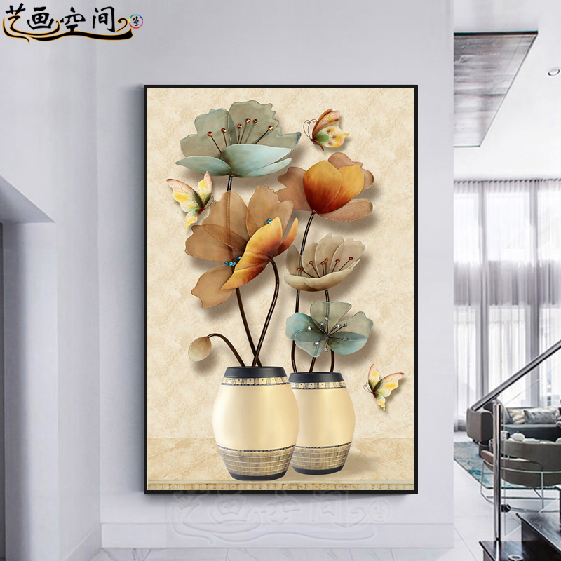 速发玄关装饰画竖版招财欧式入户走廊过道墙面挂画宾馆画单幅壁画图片