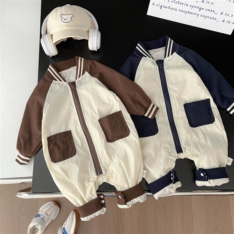 速发婴儿连体衣服春秋新款韩版新生儿宝宝拼色长袖棒球爬服休闲外