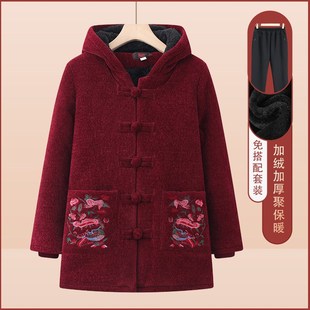 速发中装年人冬装外套奶奶唐老绣棉棉衣妈妈连帽花服70岁老太太衣