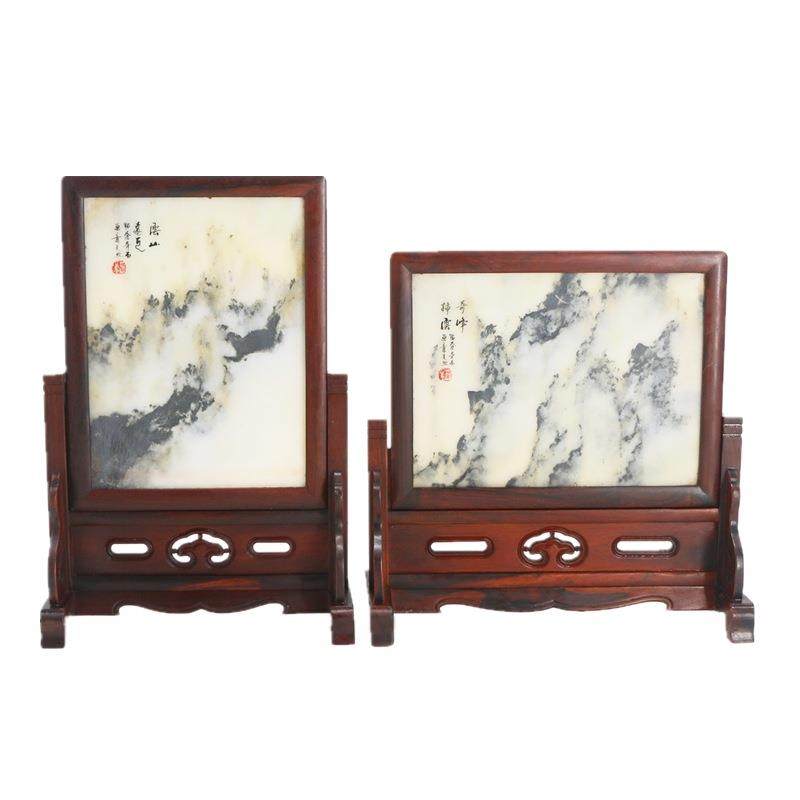 红木屏风花梨木嵌天然石纹插屏实木台屏小屏风石头桌屏摆件