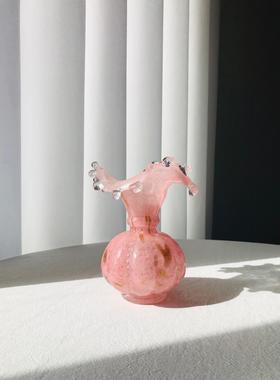 中古玻璃花瓶温柔水滴芬顿雾粉洒金肌理小众复古手工琉璃花器插花