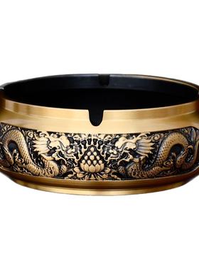 创意纯铜实心双龙烟灰缸客厅家用办公室茶桌中式高端黄铜摆件