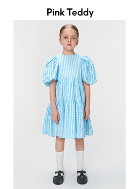 PinkTeddy童装女童短袖连衣裙夏装儿童蓝色格子宽松蓬蓬袖A字裙子