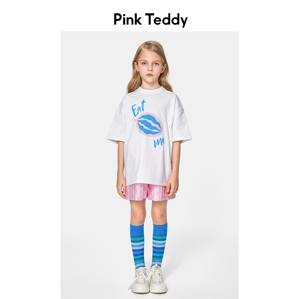 PinkTeddy童装女童短袖T恤夏装西瓜印花儿童纯棉宽松圆领白色上衣