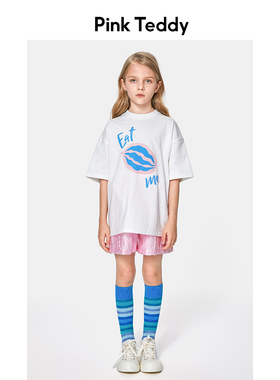 PinkTeddy童装女童短袖T恤夏装西瓜印花儿童纯棉宽松圆领白色上衣