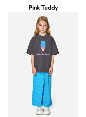 PinkTeddy童装女童短袖T恤夏冰淇淋印花圆领落袖儿童纯棉黑色上衣