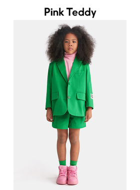 PinkTeddy童装极简女童绿色贴标西装2023春秋儿童小众西服外套