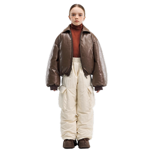 PinkTeddy女童羽绒服飞行员翻领羽绒皮衣夹克儿童装冬季保暖外套