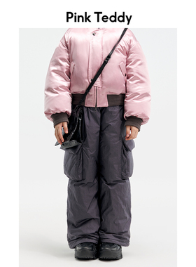 PinkTeddy童装黑色口袋工装羽绒裤冬新款儿童女童直筒保暖长裤子