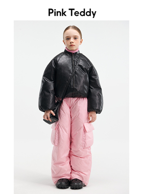 PinkTeddy儿童羽绒服飞行员立领再生pu夹克女童冬季加厚黑色外套