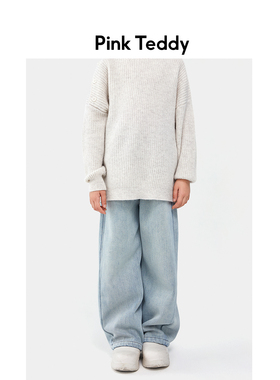 PinkTeddy儿童蓝色牛仔长裤秋冬季新款百搭女童宽松加绒阔腿裤子