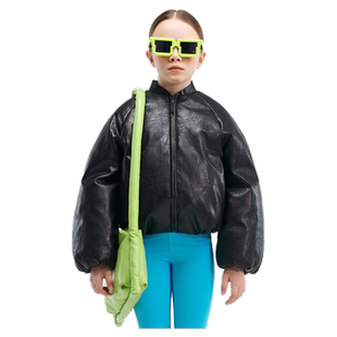 PinkTeddy儿童羽绒服飞行员立领再生pu夹克女童冬季加厚黑色外套