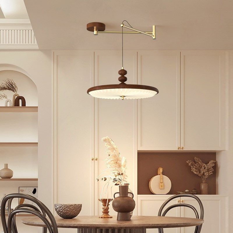 餐厅吊灯新款中古风胡桃木色w摇臂餐桌饭厅灯可位移岛台吧台飞碟,家装灯饰光源,餐厅吊灯,淘宝优惠券,粉丝福利购,淘宝优惠卷