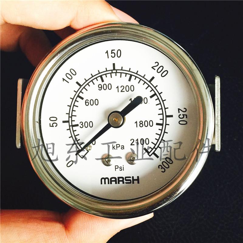 美国MARSH马士压力表0~300psi不锈钢2.5寸背装式气压表水压表