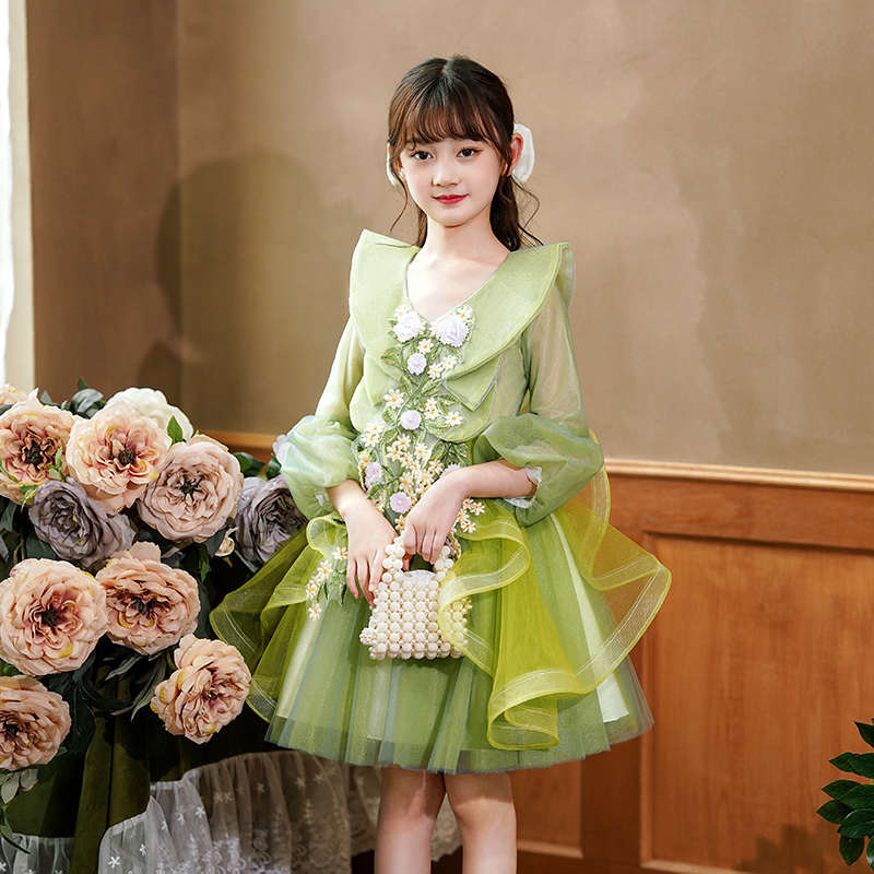 儿童礼服公主裙女童蓬蓬裙小主持人绿色长袖演出服幼儿园表演裙