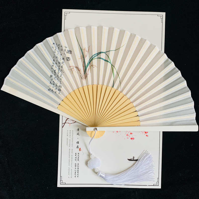 国风古装丝绢彩画寸拍摄中男女扇子7折扇扇汉服折叠复古水墨荷花